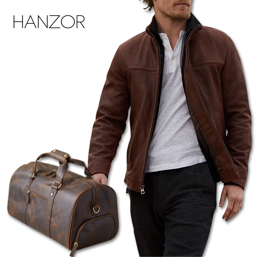 Crafted for the Journey: Premium Leather Jacket & Duffel Bag Set